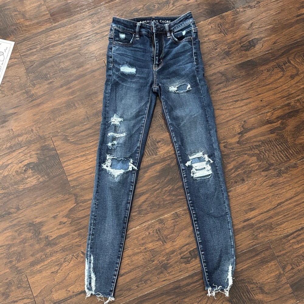 American Eagle Women's Dark Blue Distressed Skinny Jeans